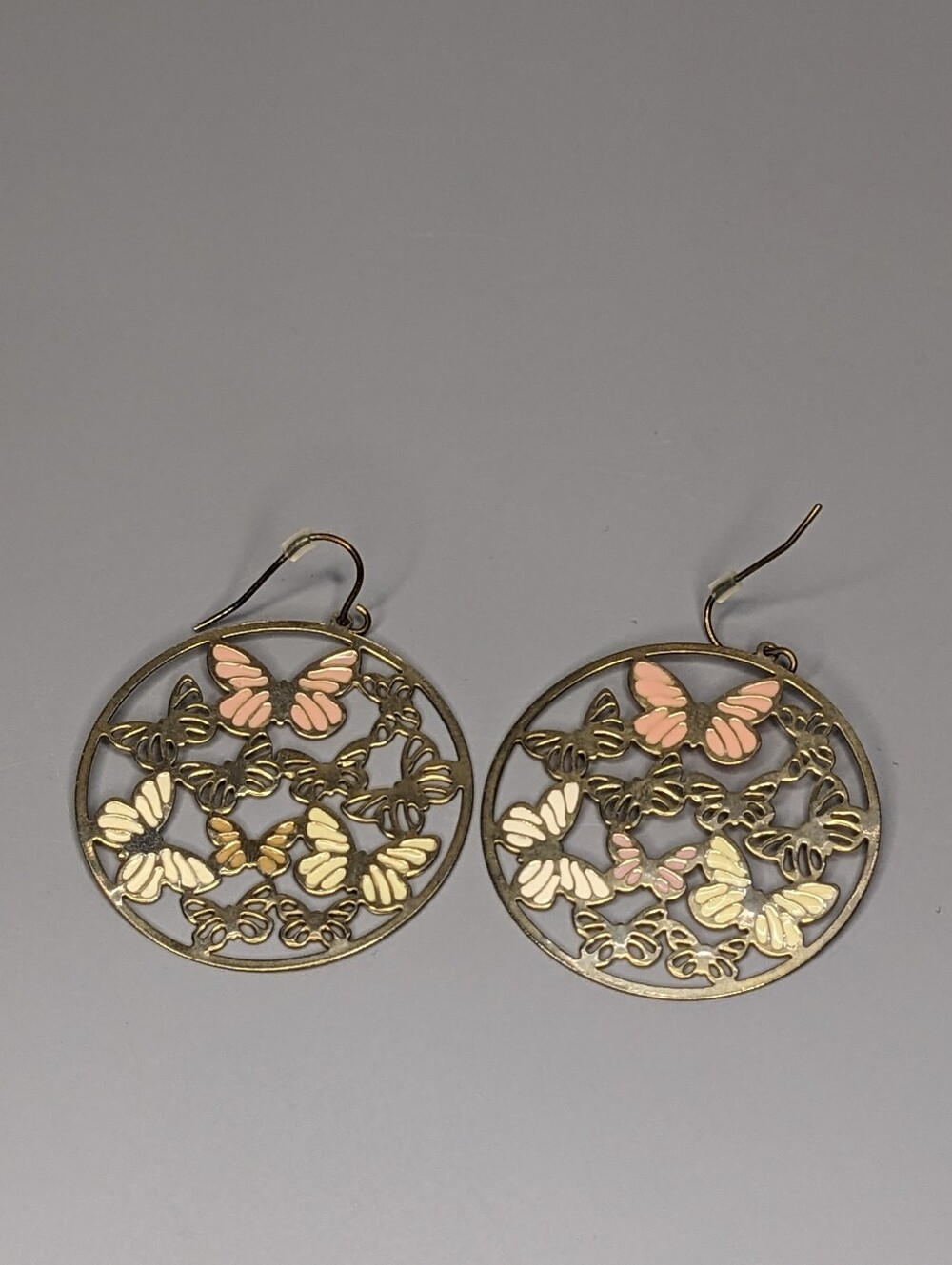 Antique Gold Tone Butterfly Enamel Earrings Pink Cream Boho Y2K Jewelry Dangle